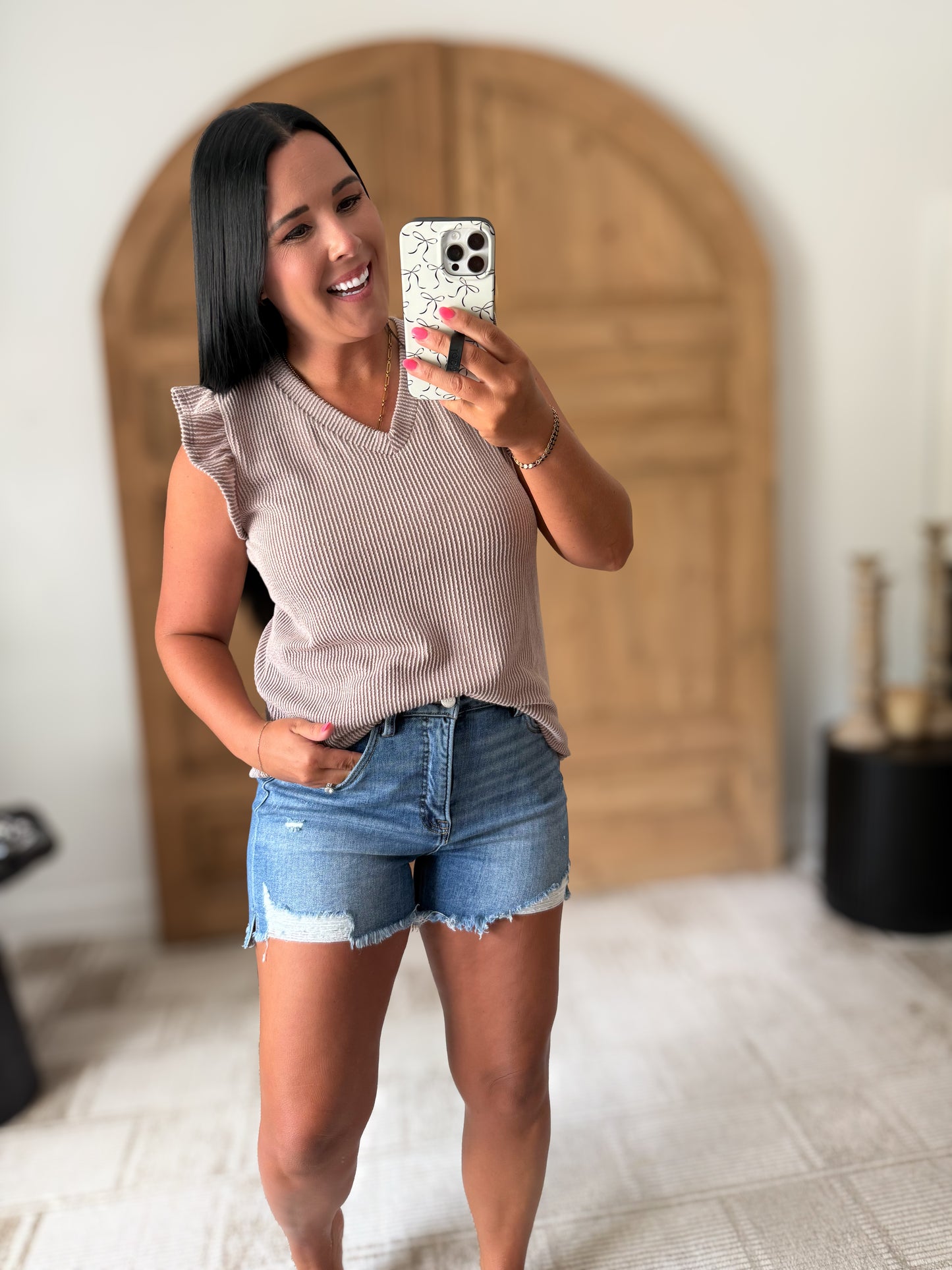 CORDED DREAMS RUFFLE SLEEVE TOP