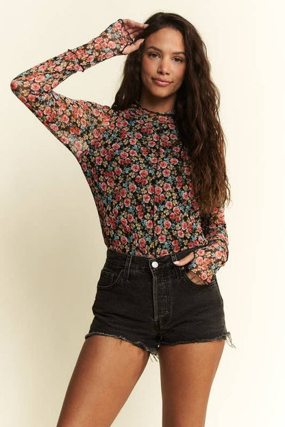 MOCKNECK LONGSLEEVE BLACK FLORAL MESH TOP