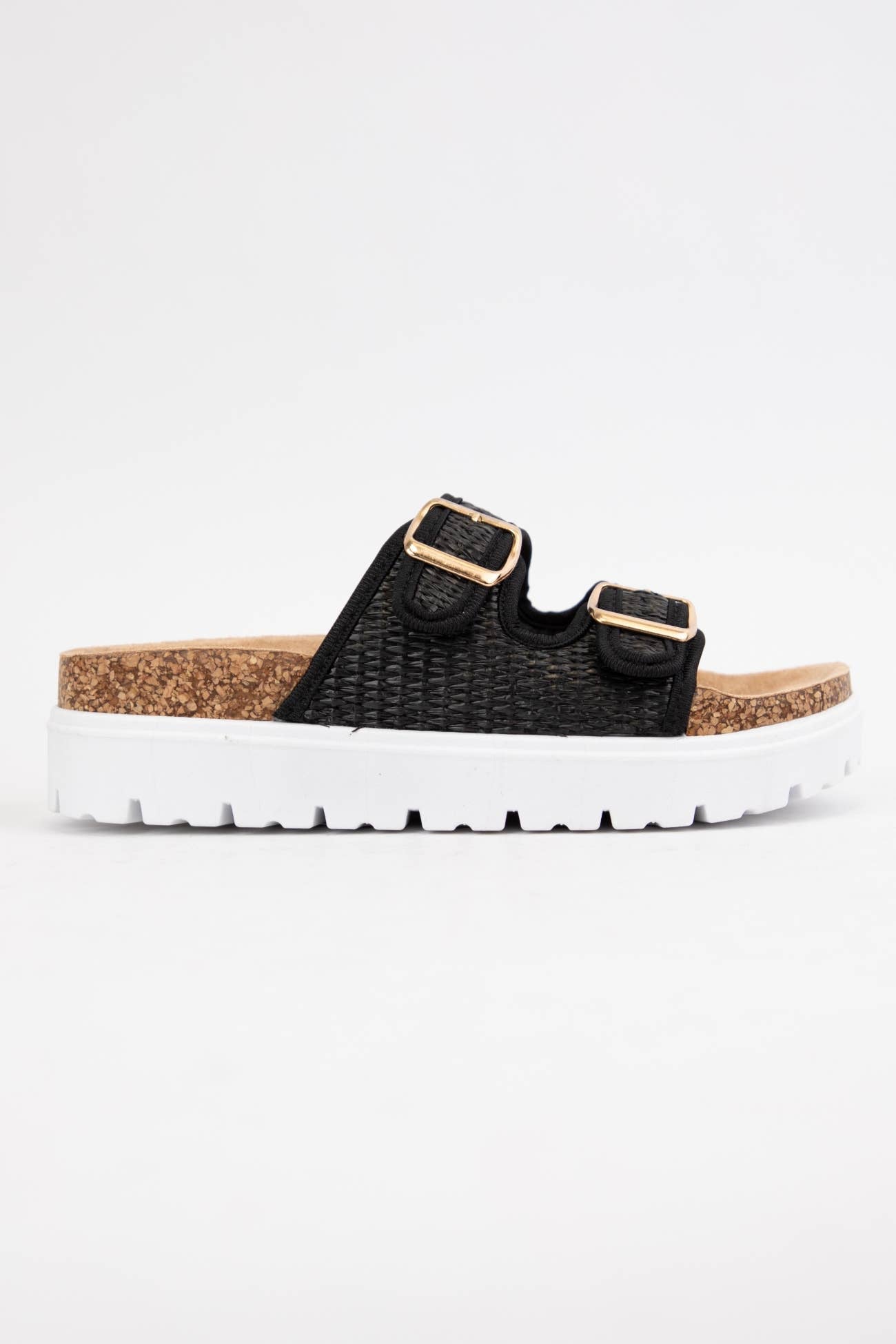 BLACK RAFFIA DOUBLE STRAP PLATFORM SANDAL