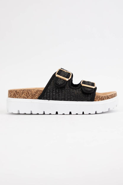 BLACK RAFFIA DOUBLE STRAP PLATFORM SANDAL