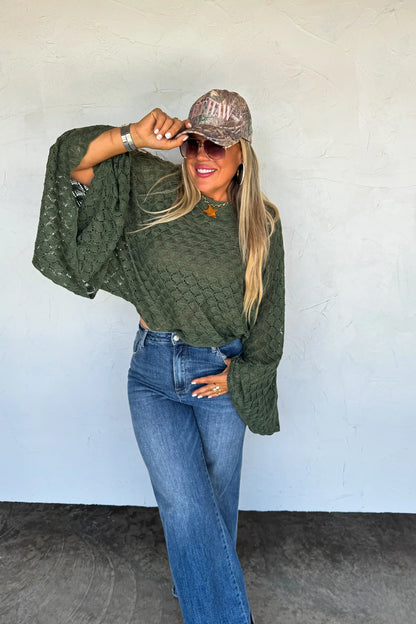 PREORDER- FALL COLORS FREE SPIRIT BELL SLEEVE TOP-Olive