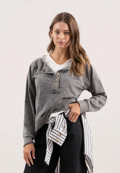 WASHED HENLEY RAGLAN LONG SLEEVE TOP