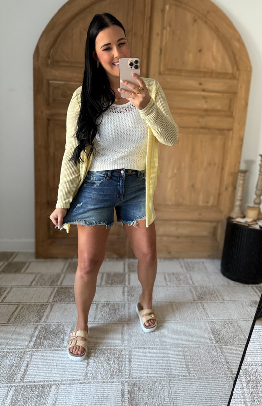 JUDY BLUE DOUBLE DUTY DARK DENIM SHORTS