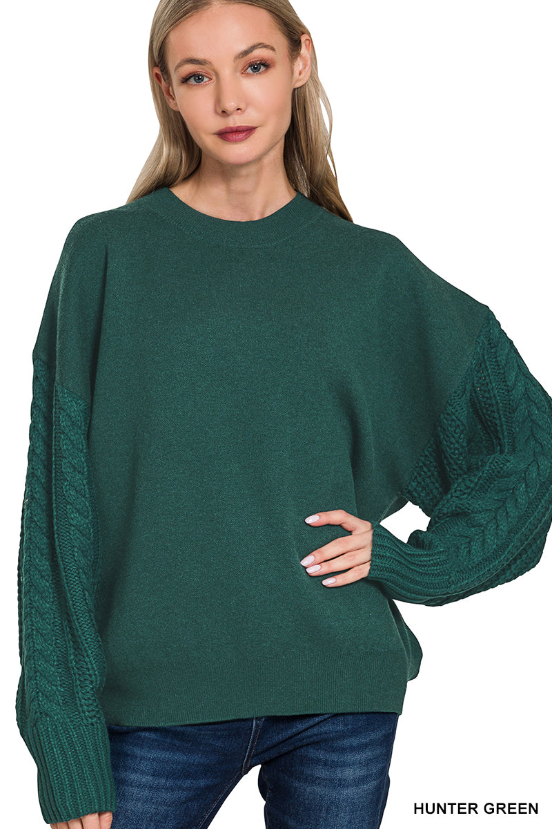 CABLE KNIT SLEEVE ROUND NECK SOFT SWEATER** Multiple Colors