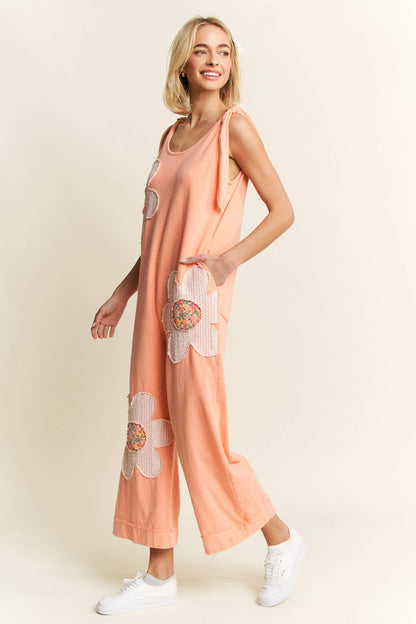 J.HER MINERAL WASHED FLOWER PATCHED BOW JUMPSUIT PAPAYA