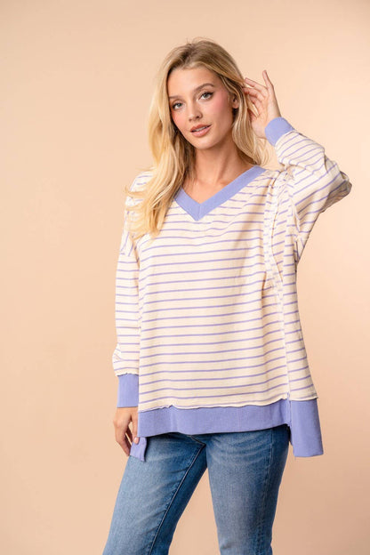 LONG SLEEVE STRIPED KNIT PULLOVER LAVENDER