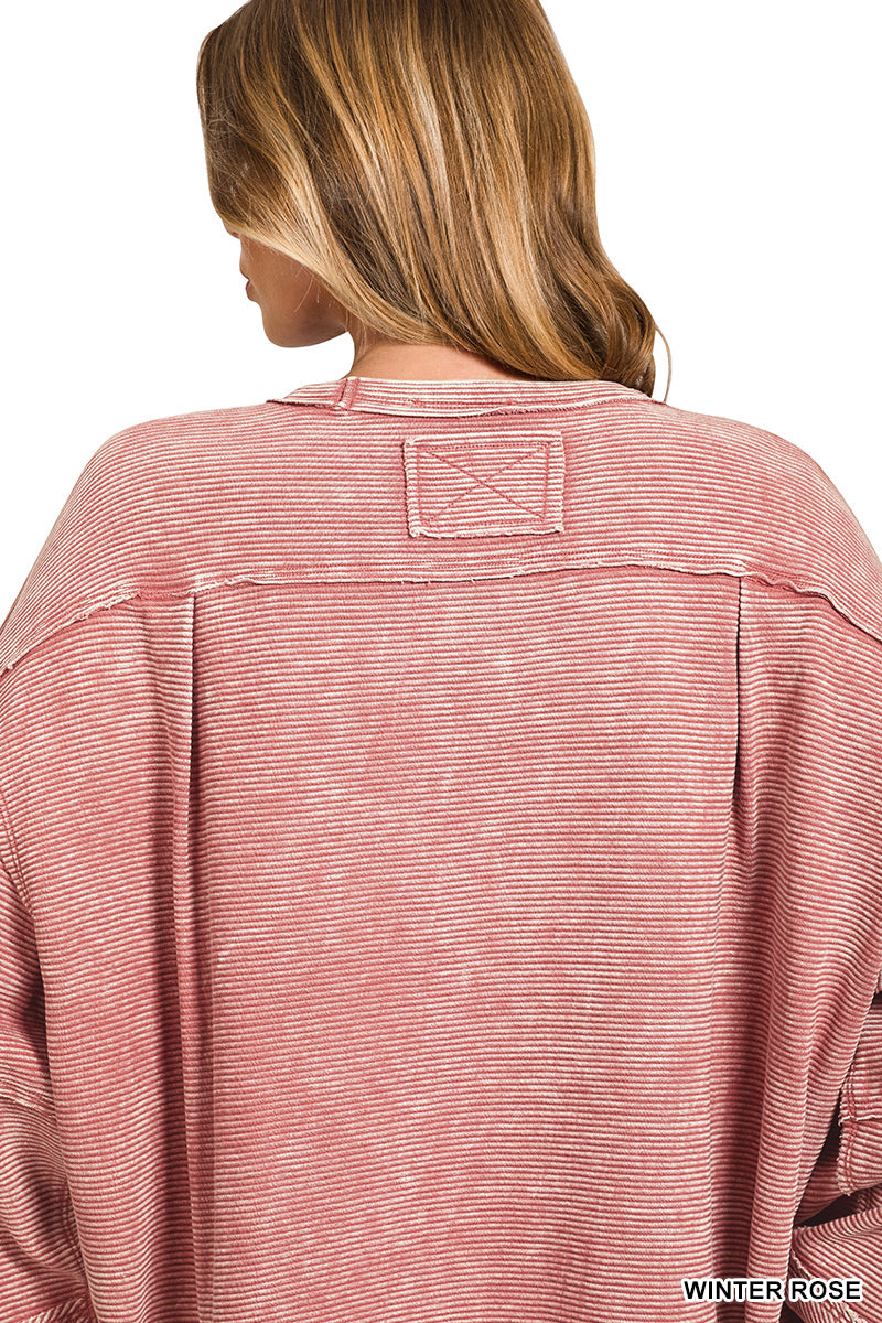 ACID WASHED DOUBLE RIBBED EXPOSED SLIGHTLY CROPPED PULLOVER* Multiple Colors
