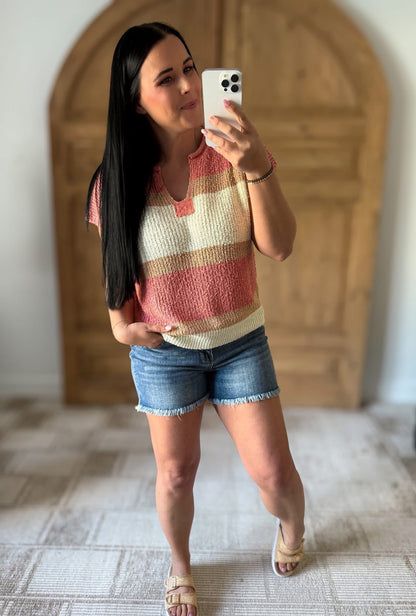 Annie Wear Low Gauge Color Block Textured Sweater Top