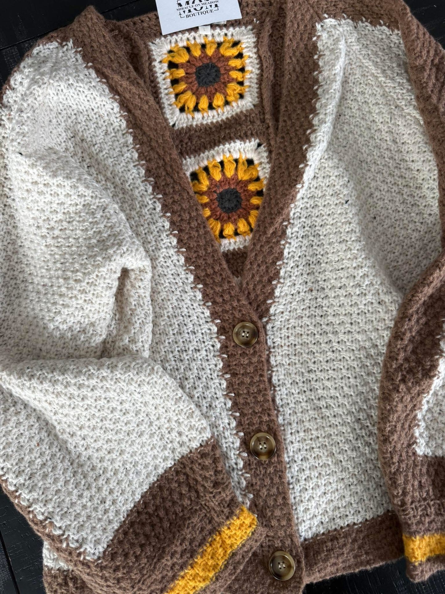 COLOR BLOCK SUNFLOWER CROCHET V NECK SOFT CARDIGAN