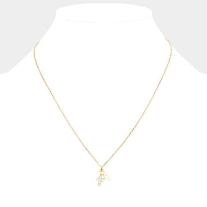GOLD DIPPED CZ STONE PAVED DOUBLE CROSS PENDANT NECKLACE (SILVER & GOLD)