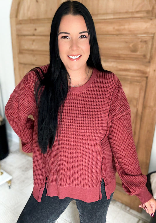 MY COMFORT WAFFLE SOFT OVERSIZED PULLOVER- *Rust