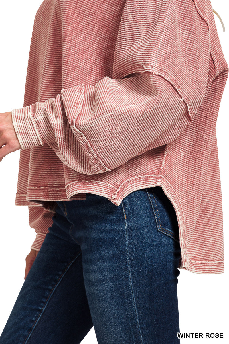 ACID WASHED DOUBLE RIBBED EXPOSED SLIGHTLY CROPPED PULLOVER* Multiple Colors