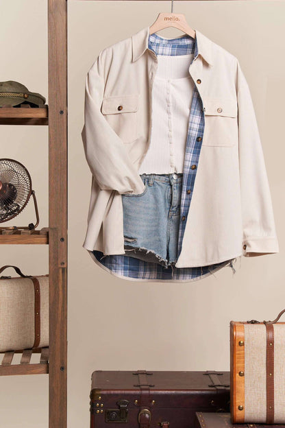 Reversible Corduroy and Plaid Button Down Shirt Jacket
