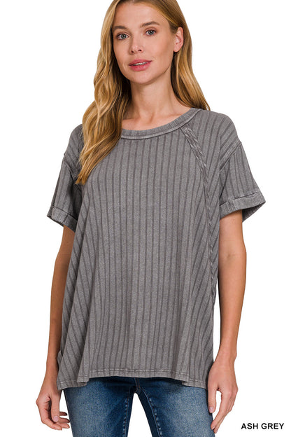 ZENANA ACID WASHED RIBBED SHORT SLEEVE BOAT-NECK TOP **multiple colors