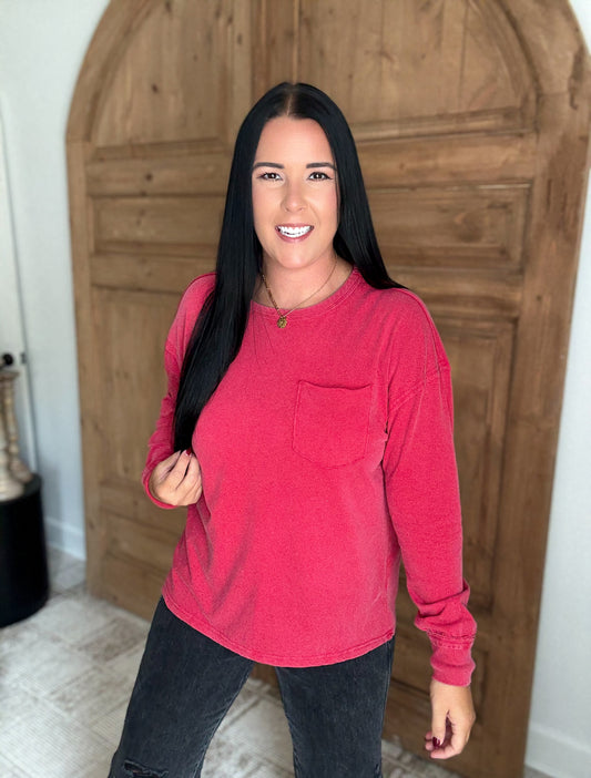 OVERSIZED WASHED POCKET LONG SLEEVE TOP- RED
