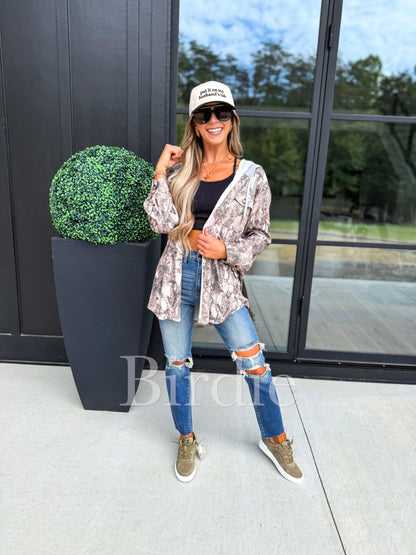 BIRDIE Ribbed Shacket with Gray Hood in Dark Camo