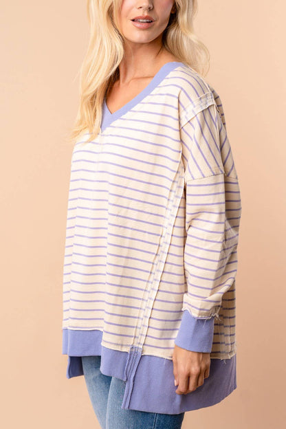 LONG SLEEVE STRIPED KNIT PULLOVER LAVENDER