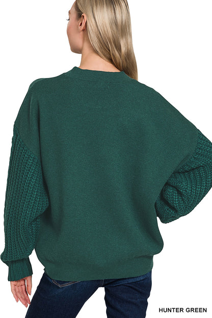 CABLE KNIT SLEEVE ROUND NECK SOFT SWEATER** Multiple Colors