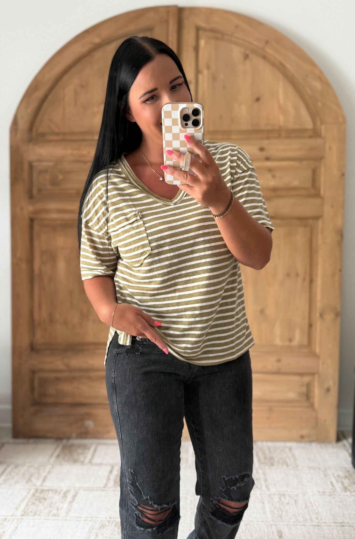 STRIPED SOFT RELAXED TOP-Olive