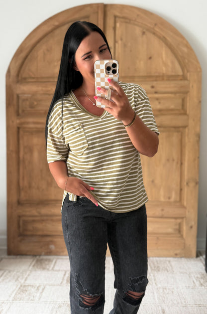 STRIPED SOFT RELAXED TOP-Olive
