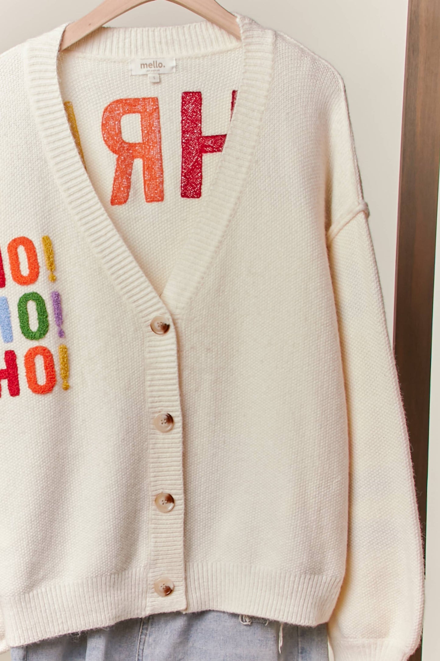 CHRISTMAS LETTERING PATCHWORK V NECK CARDIGAN