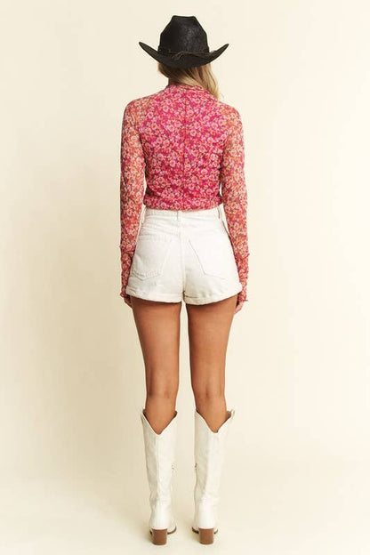 MOCKNECK LONGSLEEVE PINK FLORAL MESH TOP