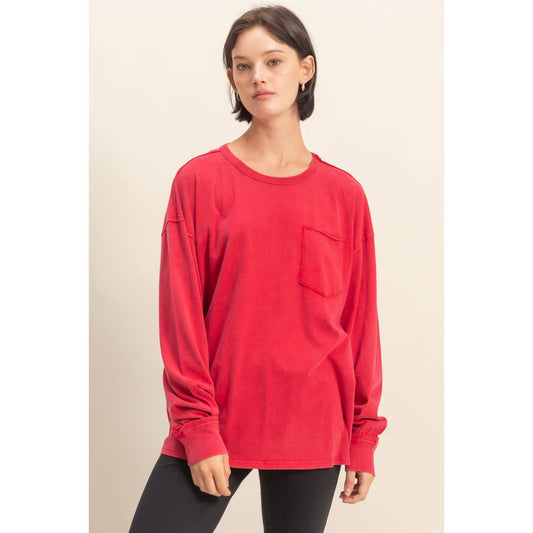 OVERSIZED WASHED POCKET LONG SLEEVE TOP- RED