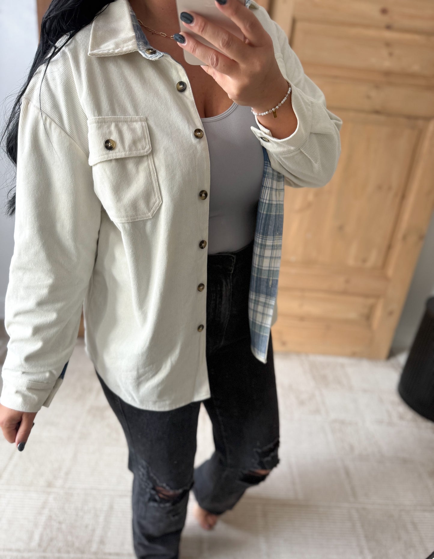 Reversible Corduroy and Plaid Button Down Shirt Jacket