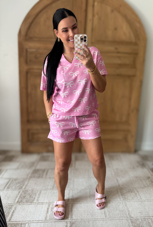Bowknot Printed Notched T-Shirt and Shorts Set