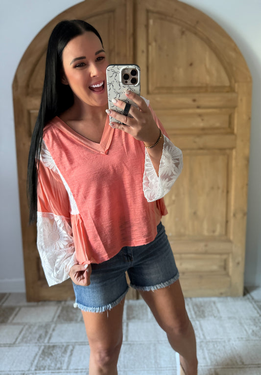 POL Lace Detail V-Neck Flare Sleeve