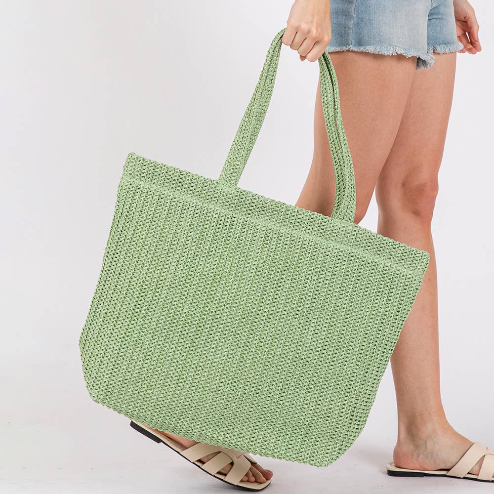 SOLID CROCHET STRAW TOTE BAG (MULTIPLE COLORS)