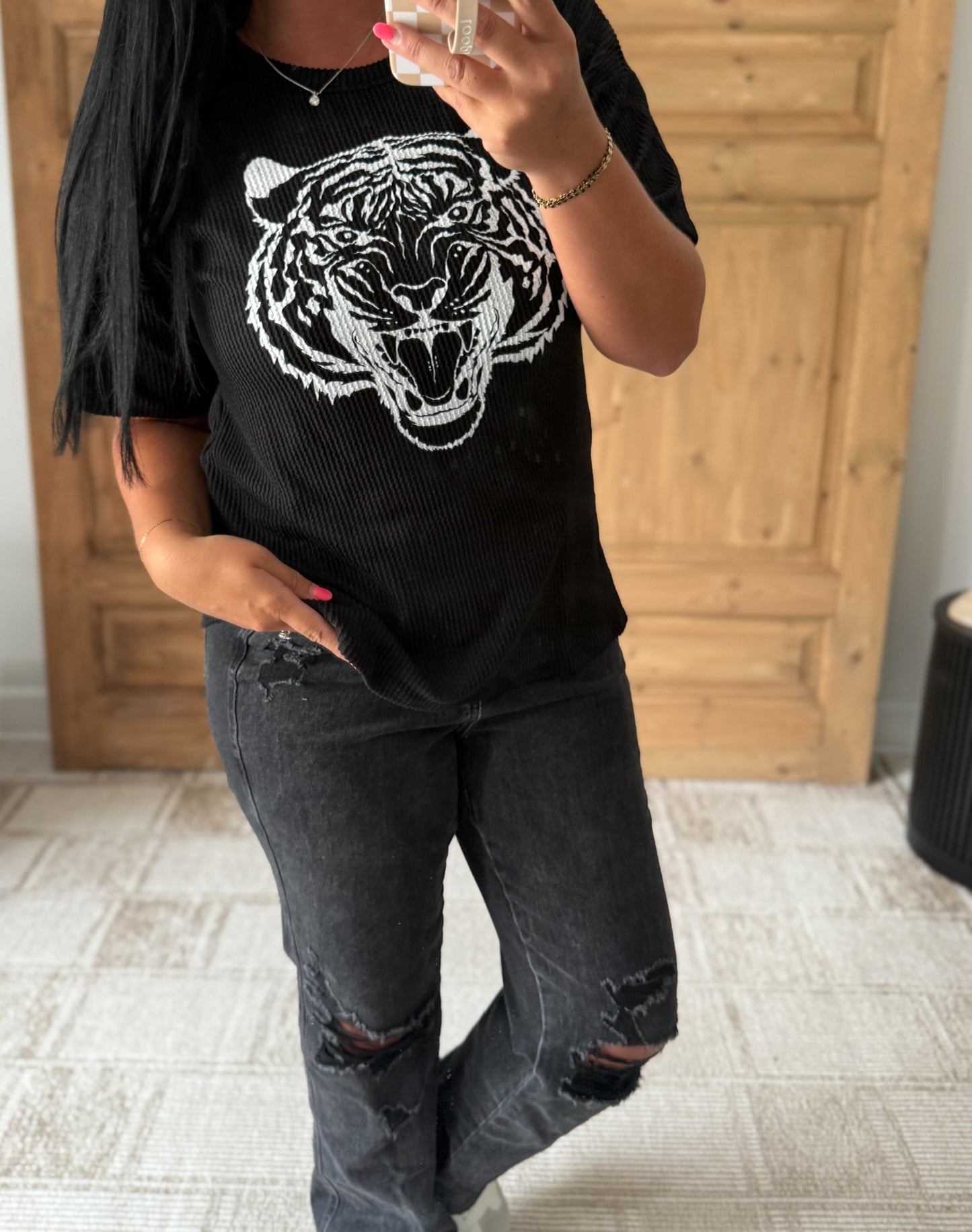 TIGER RIBBED TOP-BLACK