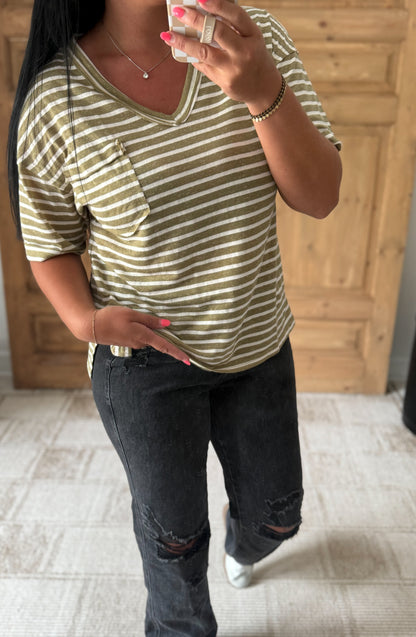 STRIPED SOFT RELAXED TOP-Olive