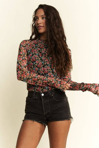 MOCKNECK LONGSLEEVE BLACK FLORAL MESH TOP