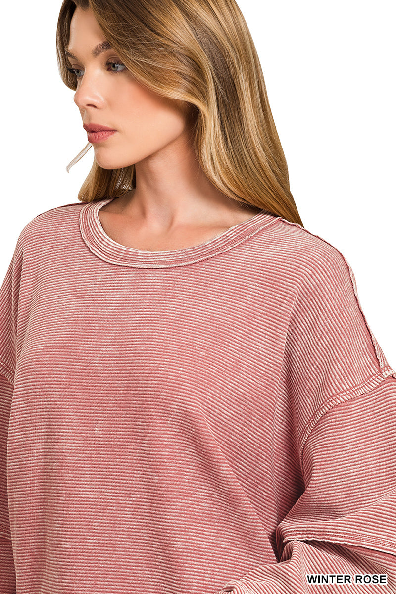 ACID WASHED DOUBLE RIBBED EXPOSED SLIGHTLY CROPPED PULLOVER* Multiple Colors