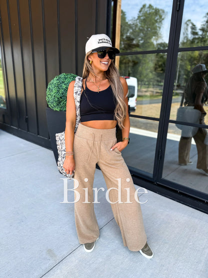 BIRDIE PREORDER Ribbed Wide Leg Pants with Tummy Control in Tan