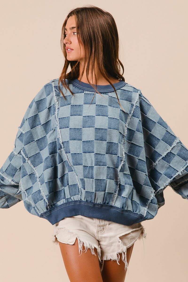 CHECKERED DENIM PUFF SLEEVE OVERSIZED TOP