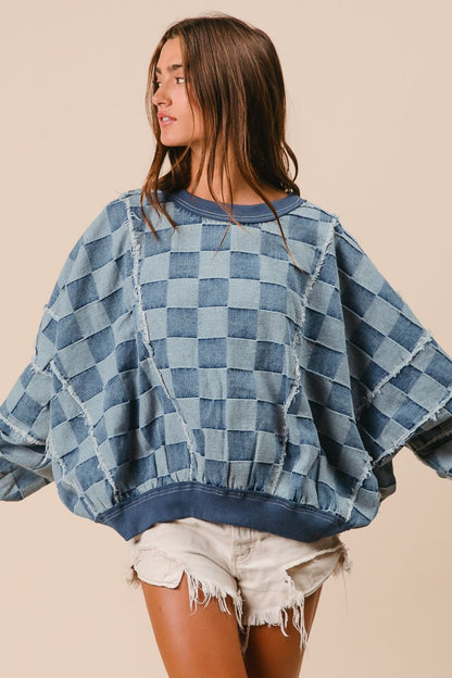 CHECKERED DENIM PUFF SLEEVE OVERSIZED TOP