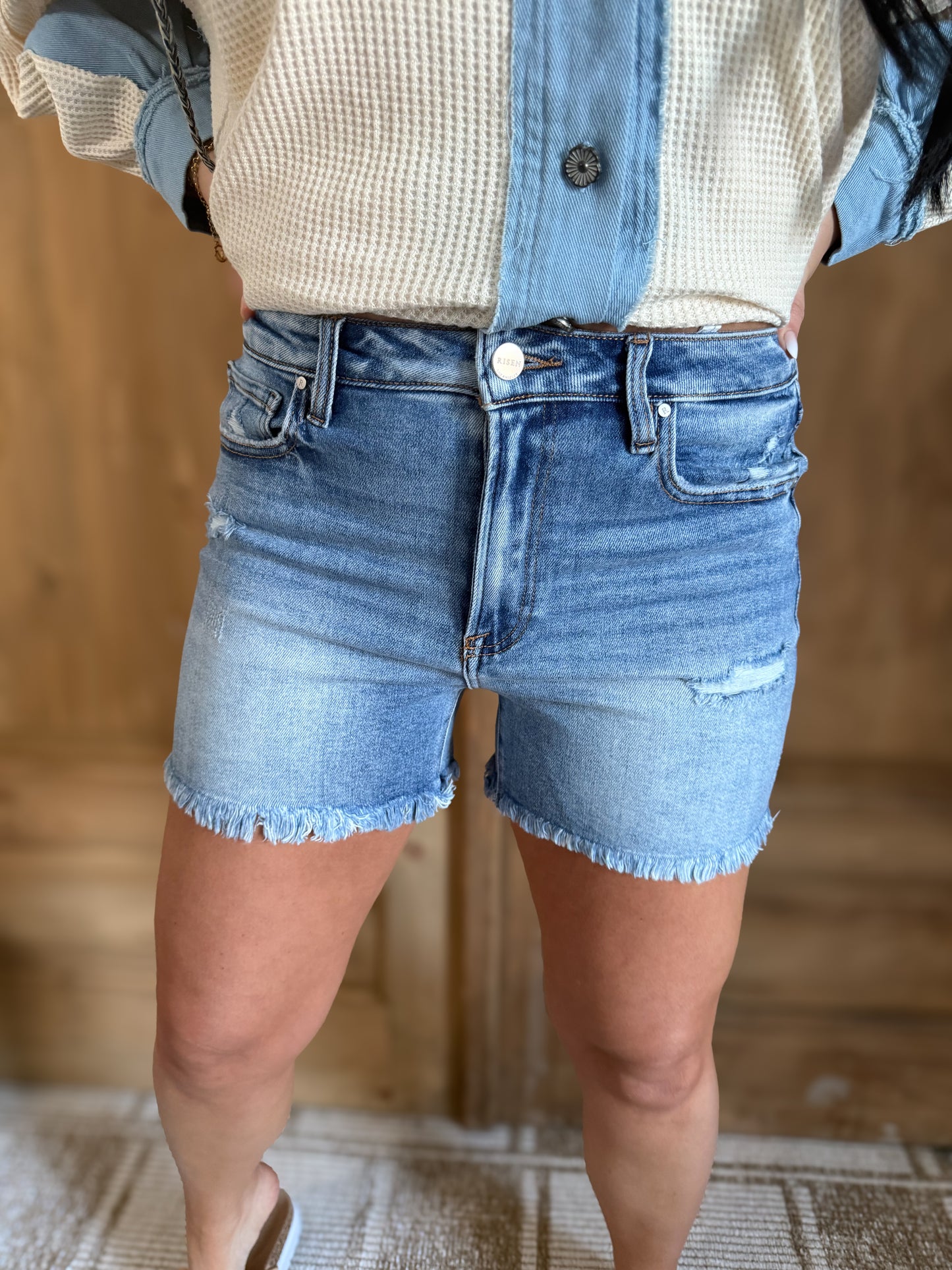 RISEN HIGH RISE SLIGHT DISTRESS SHORTS