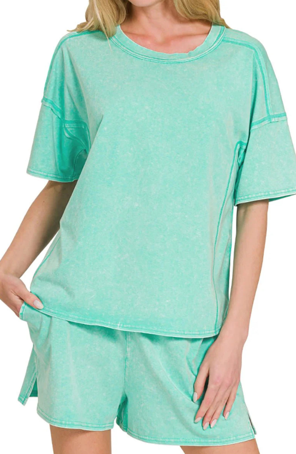 ZENANA ACID WASHED SHORT SLEEVE TEE & SHORTS SET *Multiple Colors