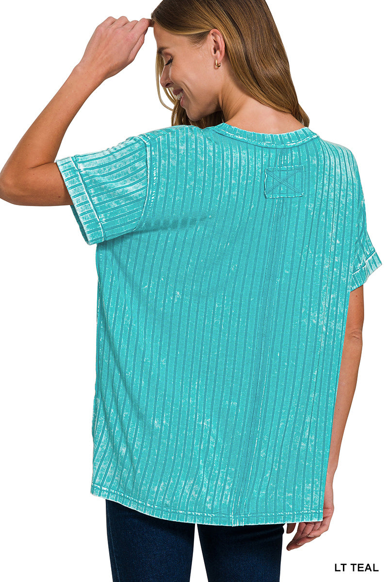 ZENANA ACID WASHED RIBBED SHORT SLEEVE BOAT-NECK TOP **multiple colors
