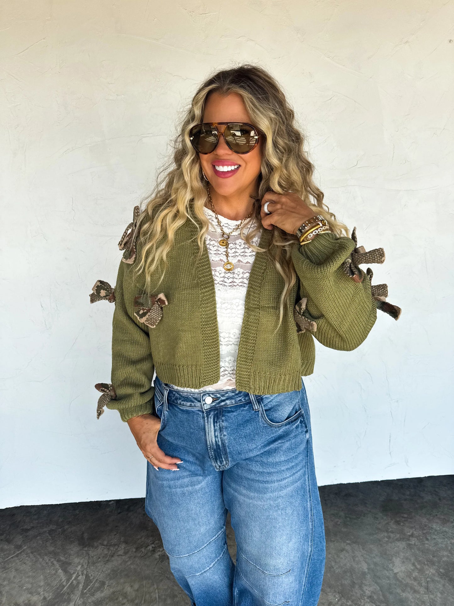 PREORDER- SLOANE BOW KNIT CAMO CARDIGAN-*More Colors