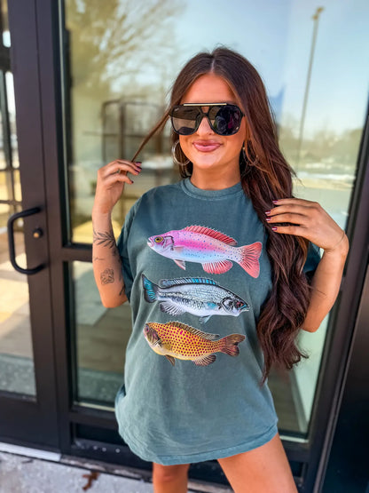 Three Fish Graphic Tee on Blue Spruce