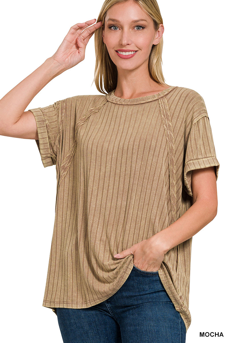 ZENANA ACID WASHED RIBBED SHORT SLEEVE BOAT-NECK TOP **multiple colors
