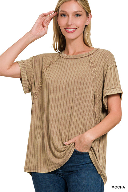 ZENANA ACID WASHED RIBBED SHORT SLEEVE BOAT-NECK TOP **multiple colors