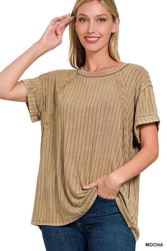 ZENANA ACID WASHED RIBBED SHORT SLEEVE BOAT-NECK TOP **multiple colors