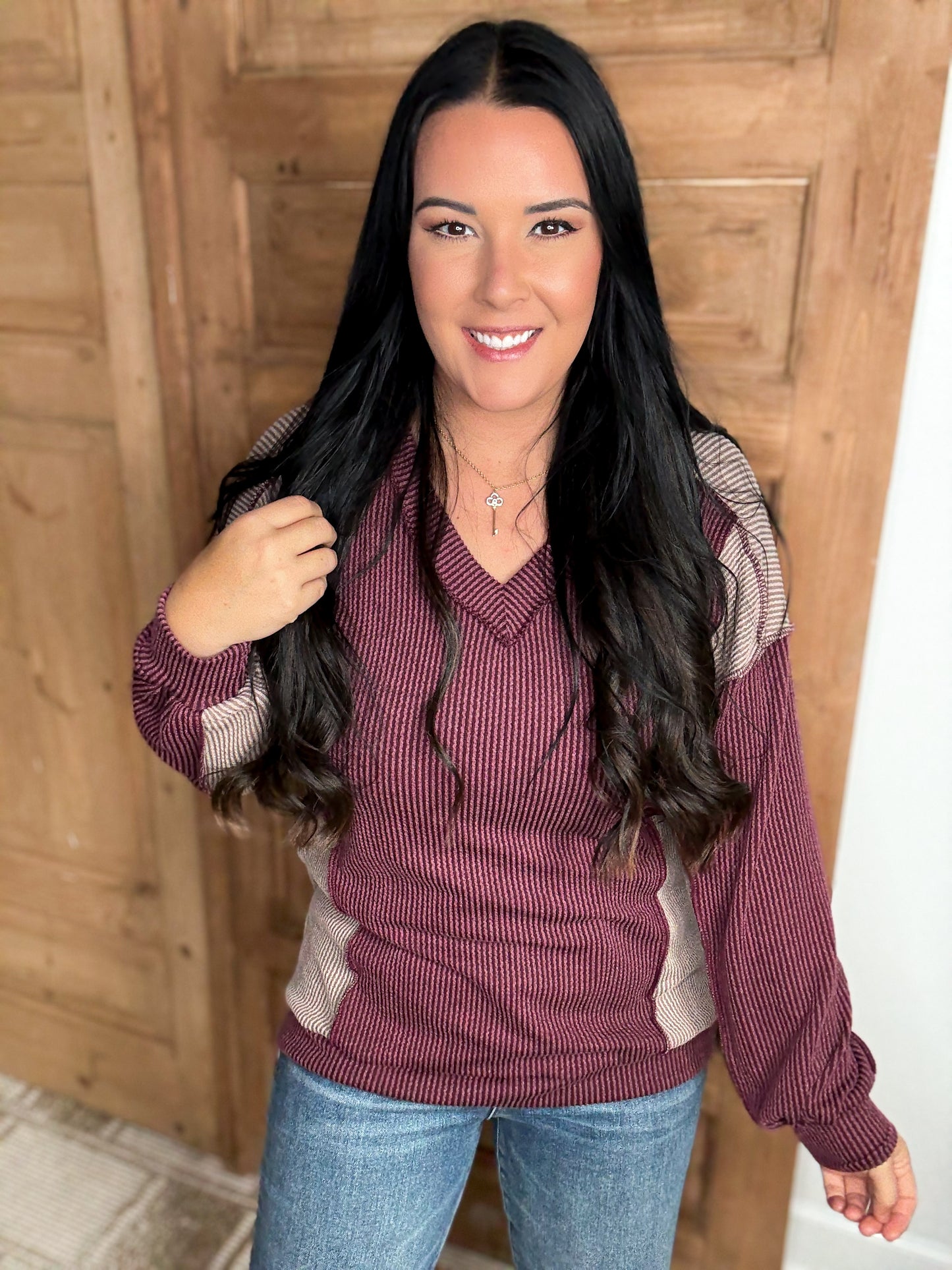 *DOORBUSTER RIBBED COLOR BLOCK BURGUNDY TOP