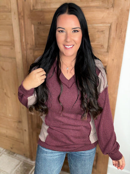 *DOORBUSTER RIBBED COLOR BLOCK BURGUNDY TOP
