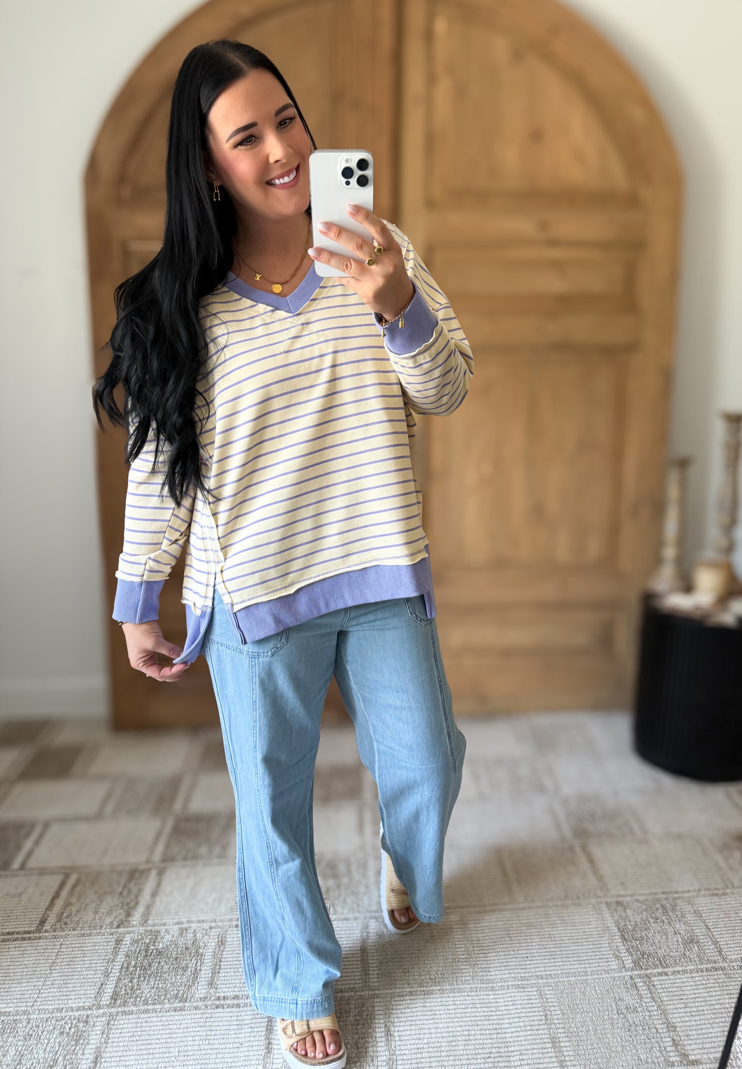 LONG SLEEVE STRIPED KNIT PULLOVER LAVENDER