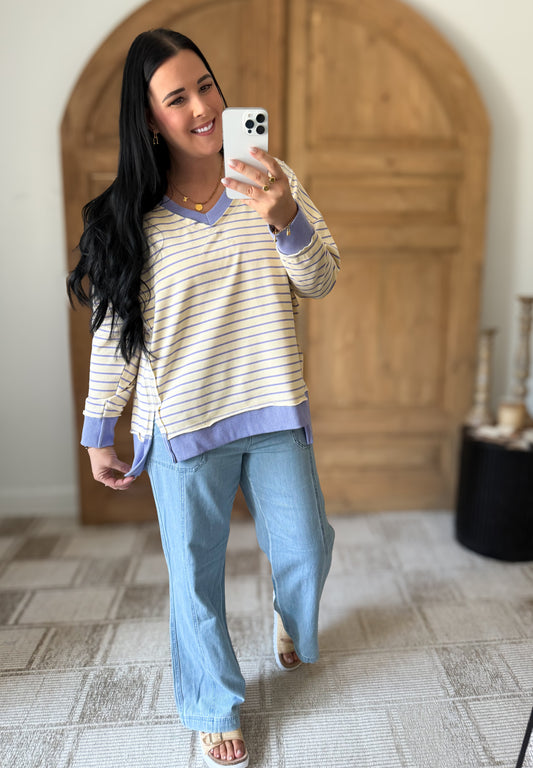 LONG SLEEVE STRIPED KNIT PULLOVER LAVENDER